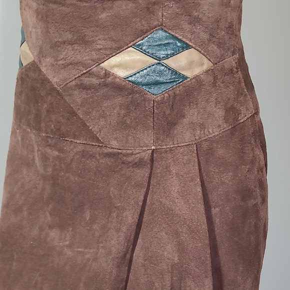 SM Real Suede Brown A-Line Skirt Vintage Genuine Leather Diamond Marquis - Picture 6 of 16